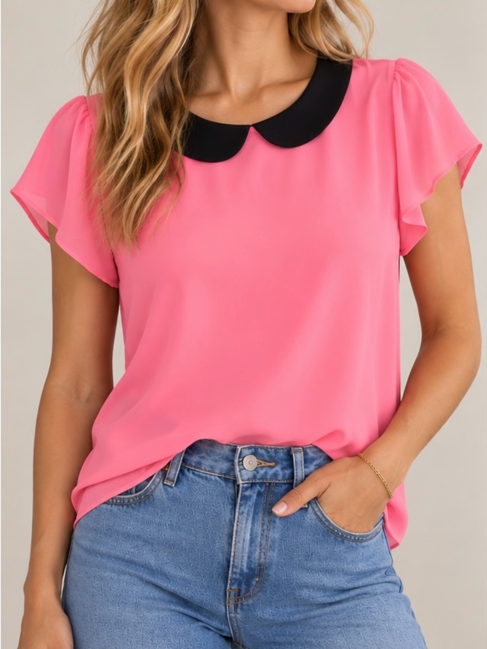 CeCe Pink Blouse with Black Peter Pan Collar